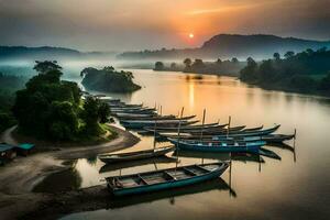 boats docked on the river at sunrise. AI-Generated photo