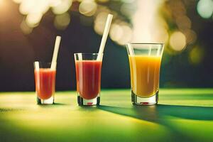 three glasses of juice with straws on a green table. AI-Generated photo