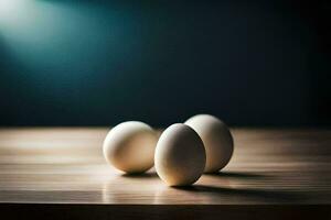 Tres huevos en un mesa con un ligero detrás a ellos. generado por ai foto