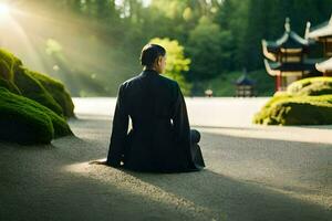 a woman in black robes sitting on the ground in front of a pagoda. AI-Generated photo