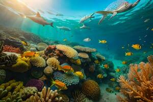 coral arrecife y pescado en el océano. generado por ai foto