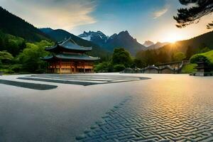 un pagoda en el montañas a puesta de sol. generado por ai foto