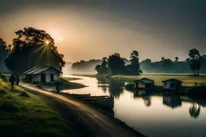 the sun rises over a river and a small house. AI-Generated photo