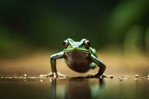 a frog is standing on the ground with its eyes open. AI-Generated photo