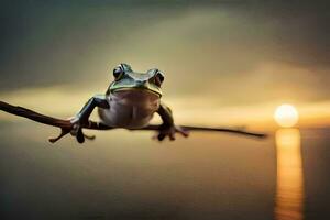 a frog sitting on a branch at sunset. AI-Generated photo