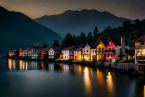 casas en el lago a noche con montañas en el antecedentes. generado por ai foto