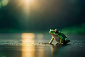 a frog sitting on the ground in front of the sun. AI-Generated photo
