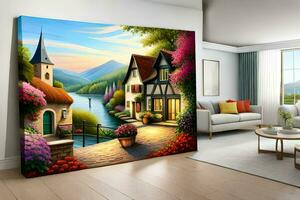 un vivo habitación con un pintura de un aldea. generado por ai foto