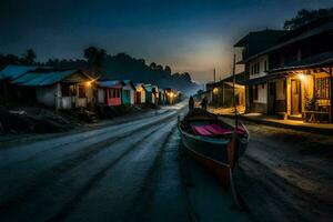 a boat sits on the side of a road at night. AI-Generated photo