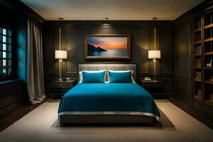 un dormitorio con un azul cama y un pintura en el pared. generado por ai foto