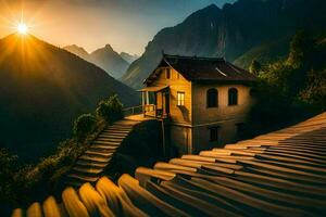 a house on the edge of a mountain with the sun setting behind it. AI-Generated photo