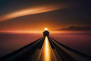 un tren es de viaje abajo un pista a puesta de sol. generado por ai foto