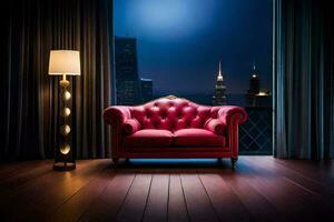 a red leather couch in front of a window with a city view. AI-Generated photo