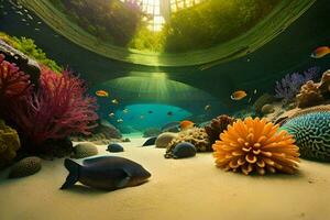 un hermosa submarino escena con coral y pez. generado por ai foto