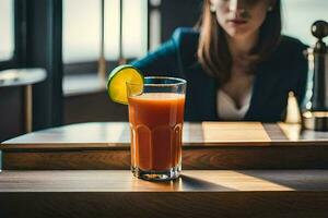 un mujer sentado a un bar con un vaso de jugo. generado por ai foto