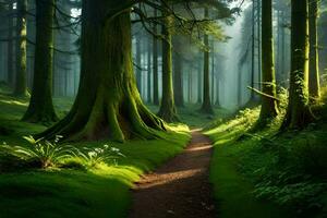 un camino mediante un verde bosque con arboles y césped. generado por ai foto