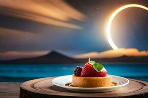 a dessert on a plate with a full moon in the background. AI-Generated photo