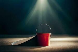 a red bucket with a lid on the floor. AI-Generated photo