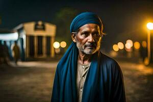 a man in a blue turban stands in the middle of a street at night. AI-Generated photo