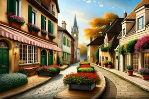 a painting of a street in a european town. AI-Generated photo