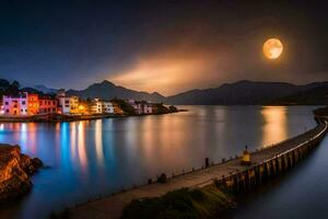 a moonlit night scene with a pier and houses on the water. AI-Generated photo