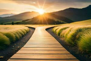 a wooden path leads to the sun. AI-Generated photo