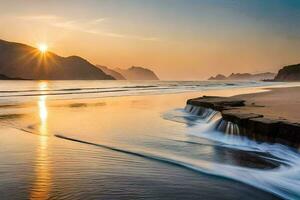 the sun rises over the ocean and waves at the beach. AI-Generated photo
