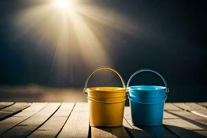 two buckets sit on a wooden table in front of a bright sun. AI-Generated photo