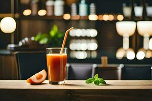 a glass of juice with a straw on a wooden table. AI-Generated photo