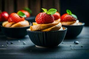 cupcakes with strawberries and mint on a wooden table. AI-Generated photo