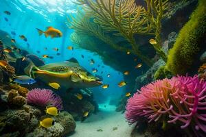 submarino escena con vistoso pescado y coral arrecifes generado por ai foto