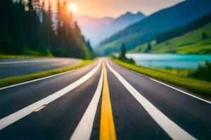 un la carretera con un montaña en el antecedentes. generado por ai foto