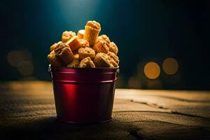 a bucket filled with cookies on a wooden table. AI-Generated photo