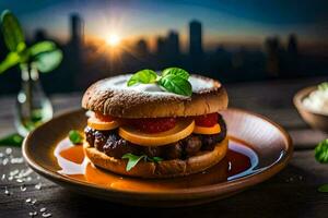 a hamburger with vegetables and sauce on a plate. AI-Generated photo