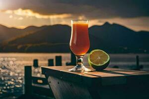 a glass of orange juice on a wooden table with a sunset in the background. AI-Generated photo