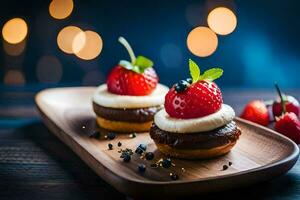 two small desserts with strawberries on a wooden plate. AI-Generated photo