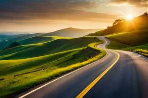 a winding road in the countryside with the sun setting. AI-Generated photo