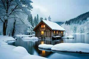 a cabin in the snow. AI-Generated photo