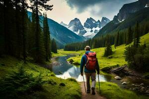 a man with a backpack walks along a path in the mountains. AI-Generated photo