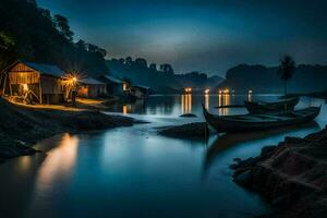 boats on the river at night with houses in the background. AI-Generated photo