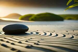 a stone sits on the sand in front of a green grassy area. AI-Generated photo