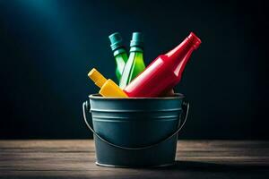 bottles of beer in a bucket on a dark background. AI-Generated photo