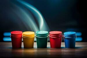 five colorful cups on a table with smoke coming out of them. AI-Generated photo