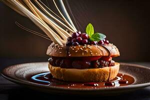 a hamburger with cherries and sauce on a plate. AI-Generated photo