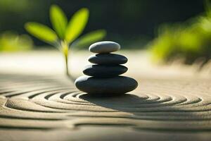 a stack of stones on a sand dune. AI-Generated photo