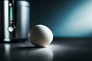 an egg sits on a table next to a blender. AI-Generated photo