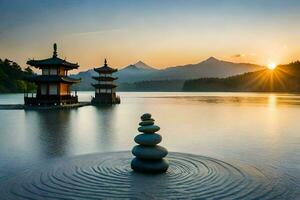 el Dom sube terminado un lago con un pagoda en el antecedentes. generado por ai foto