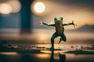 a frog is standing on a wet surface with its arms outstretched. AI-Generated photo