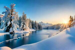 photo wallpaper the sky, snow, trees, lake, sun, winter, the mountains, the. AI-Generated