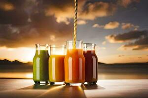 four glasses of juice with a rope hanging from the top. AI-Generated photo